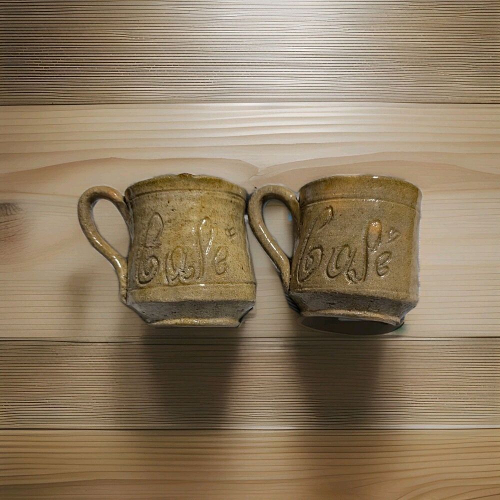 Set of 2 Vintage Handcrafted Stoneware "Cafe" Coffee Mugs